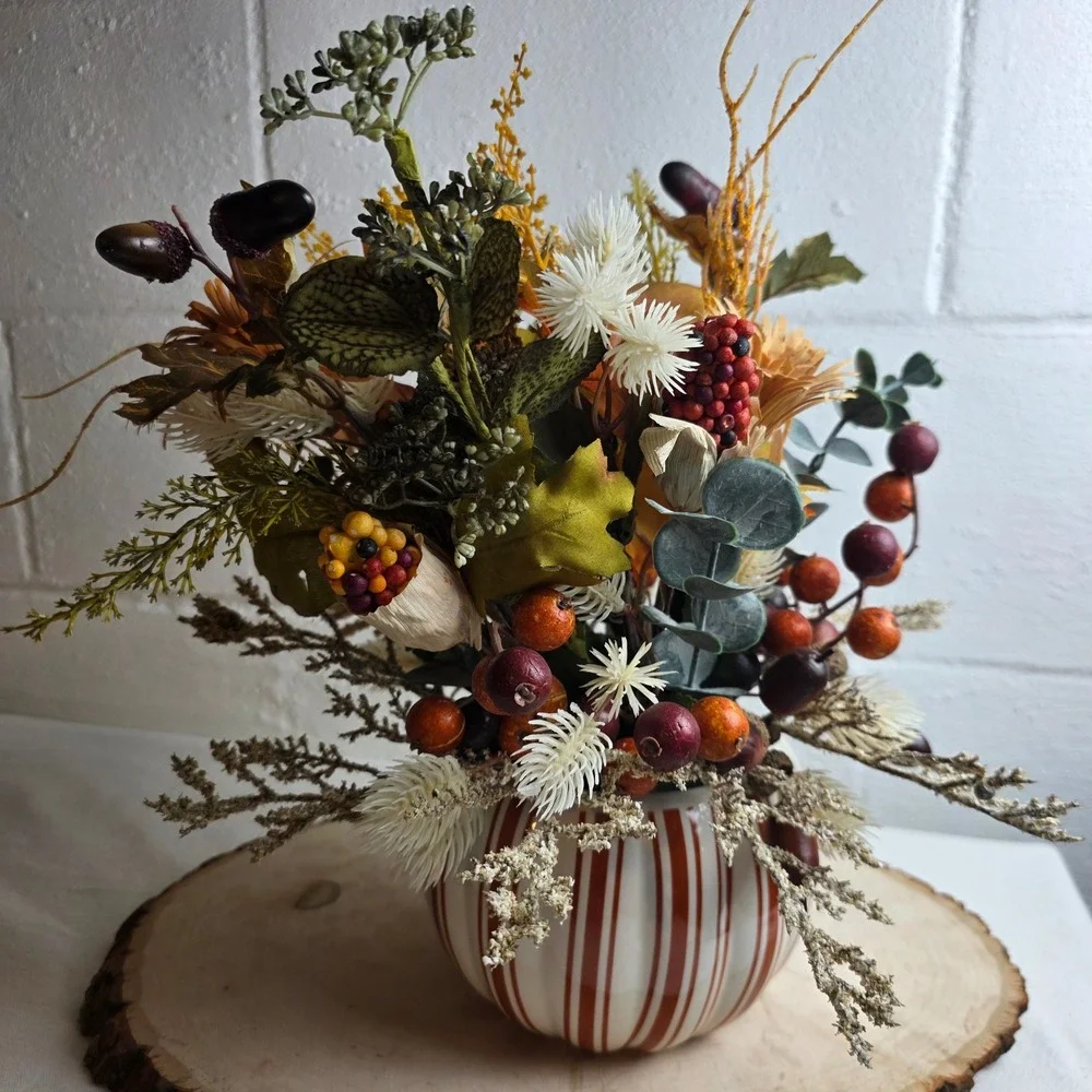 Fall Harvest Artificial Floral Arrangement in Striped Ceramic Pumpkin Pot